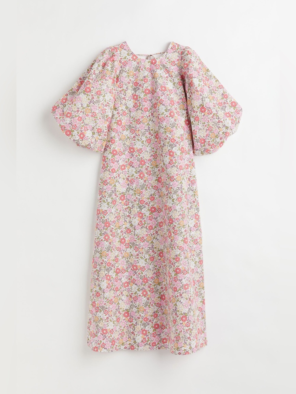 Pink Floral Puff-Sleeve Midi Dress